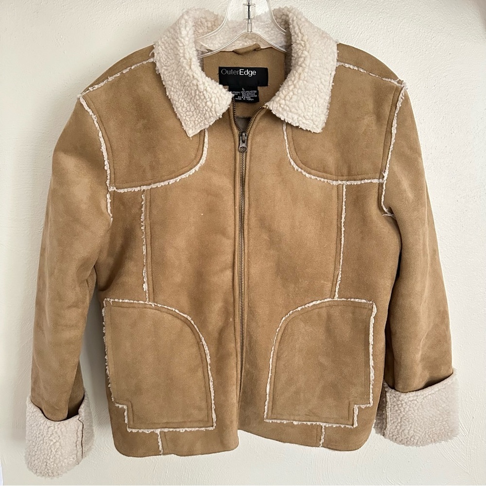 Women’s Outer Edge Tan Suede Fleece Lined Coat With Full Front Zip Size L